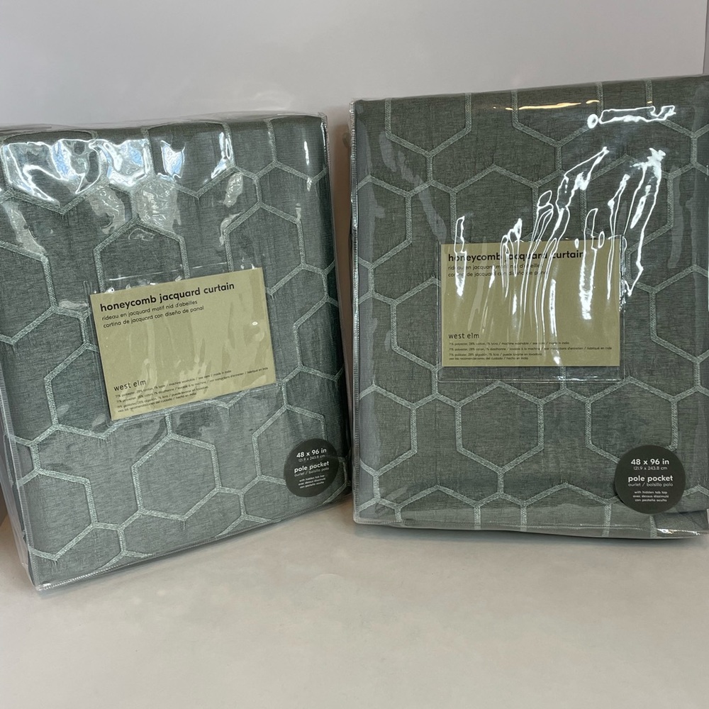 Two New West Elm Pole Pocket Honeycomb Jacquard Curtains Stormy Sea Size 48x96”